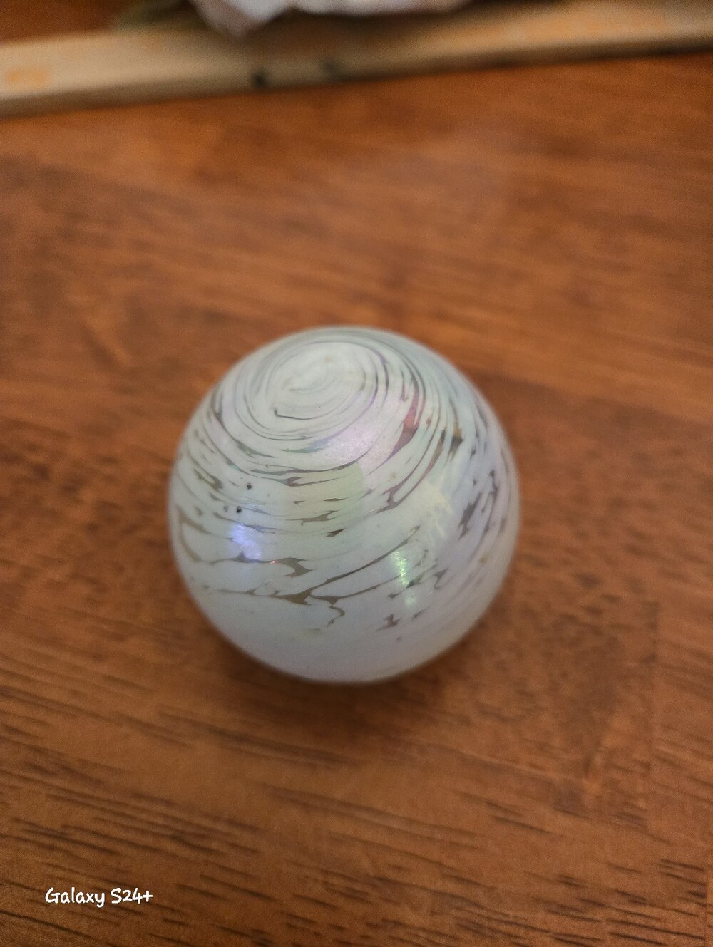 Iridescent Frosted White & Clear Swirl Art Glass Paperweight Ball Sphere